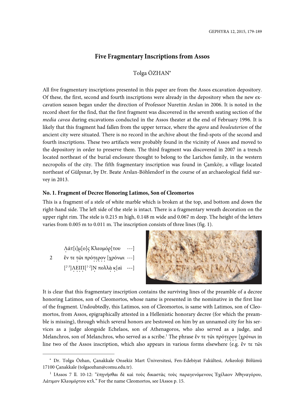 Five Fragmentary Inscriptions from Assos
