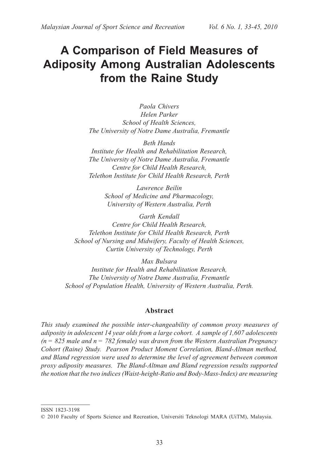 A Comparison of Field Measures of Adiposity Among Australian Adolescents from the Raine Study