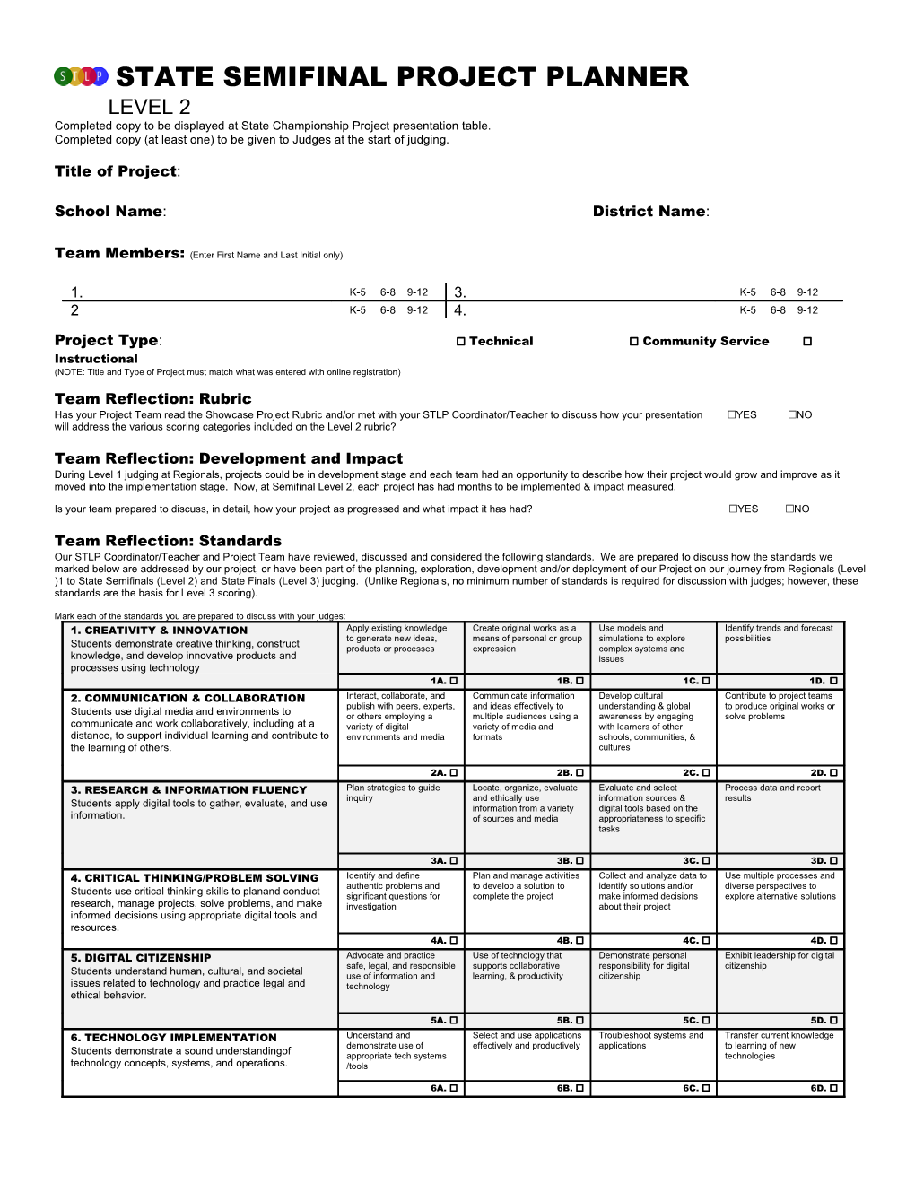 State Semifinal Project Planner Level 2