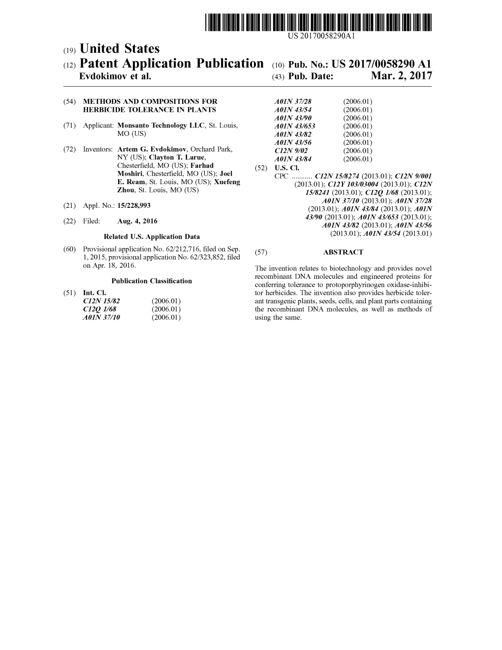 (12) Patent Application Publication (10) Pub. No.: US 2017/0058290 A1 Evdokimov Et Al