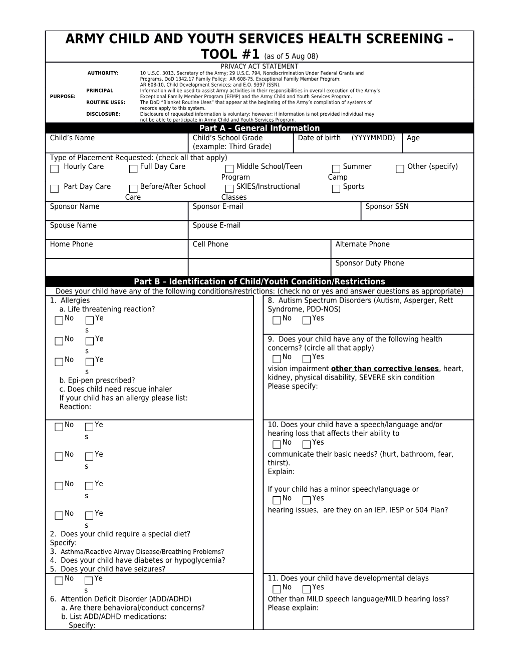 Army Child and Youth Services Health Screening Tool #1