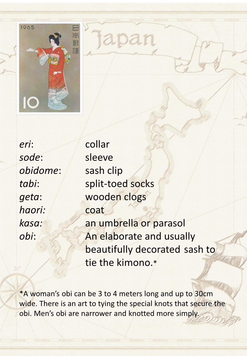 Eri: Collar Sode: Sleeve Obidome: Sash Clip Tabi: Split-Toed Socks Geta: Wooden Clogs Haori: Coat Kasa: an Umbrella Or Parasol O