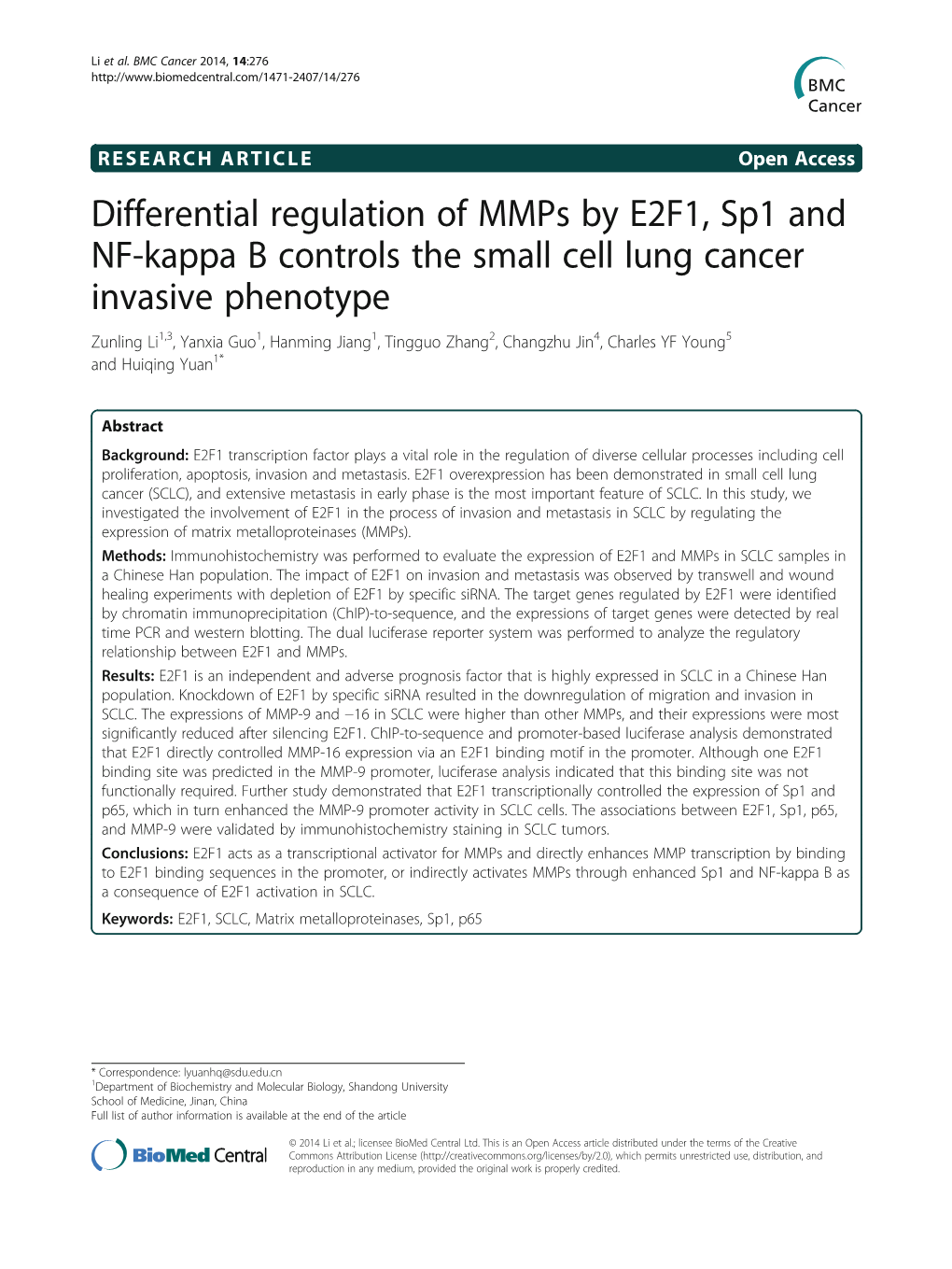 Differential Regulation of Mmps by E2F1, Sp1 and NF-Kappa B Controls