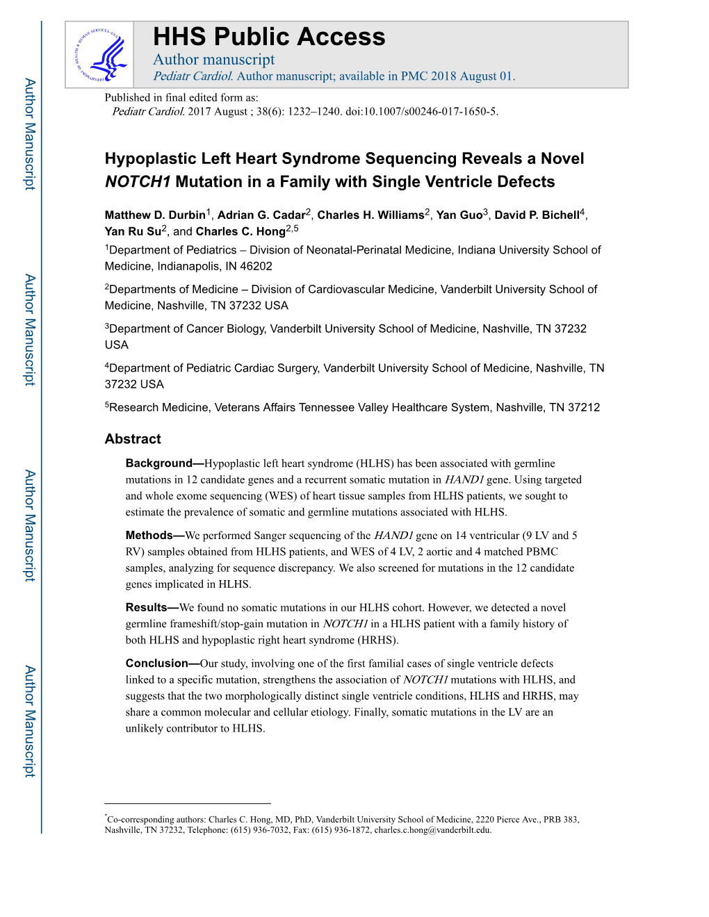 Hypoplastic Left Heart Syndrome Sequencing Reveals a Novel NOTCH1 Mutation in a Family with Single Ventricle Defects