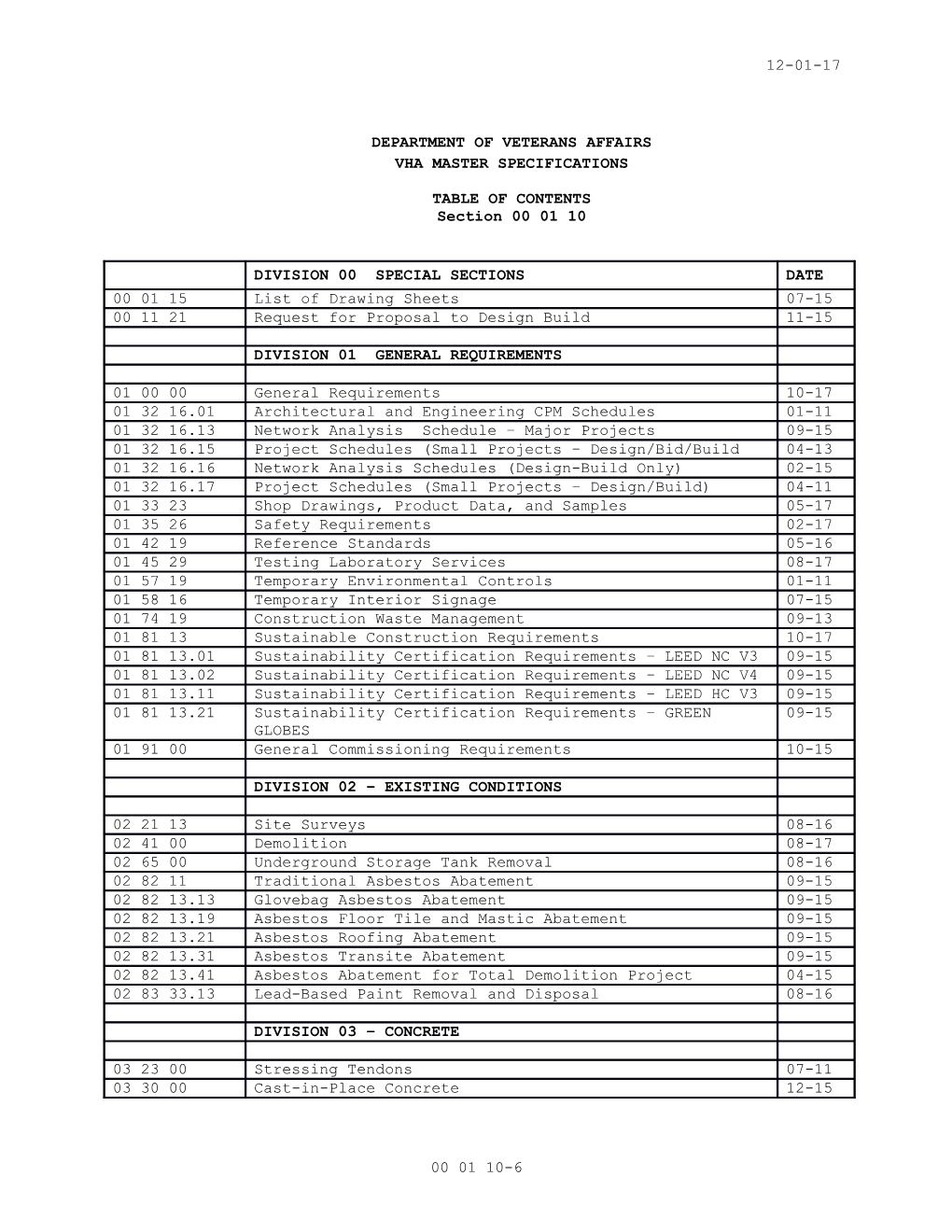 Section 00 01 10 - Table of Contents