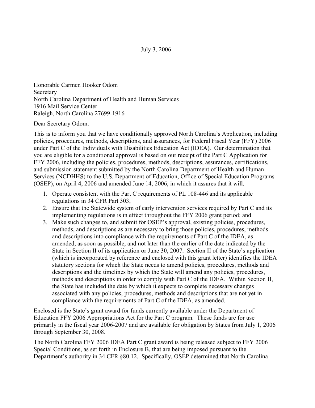 North Carolina IDEA 2006 Part C Grant Award Letter (Msword)