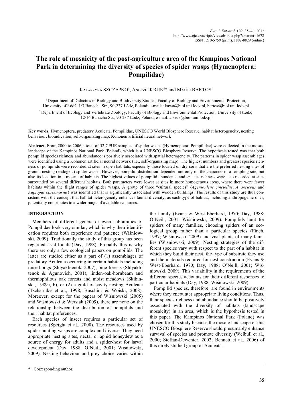 The Role of Mosaicity of the Post-Agriculture Area of the Kampinos National Park in Determining the Diversity of Species of Spider Wasps (Hymenoptera: Pompilidae)