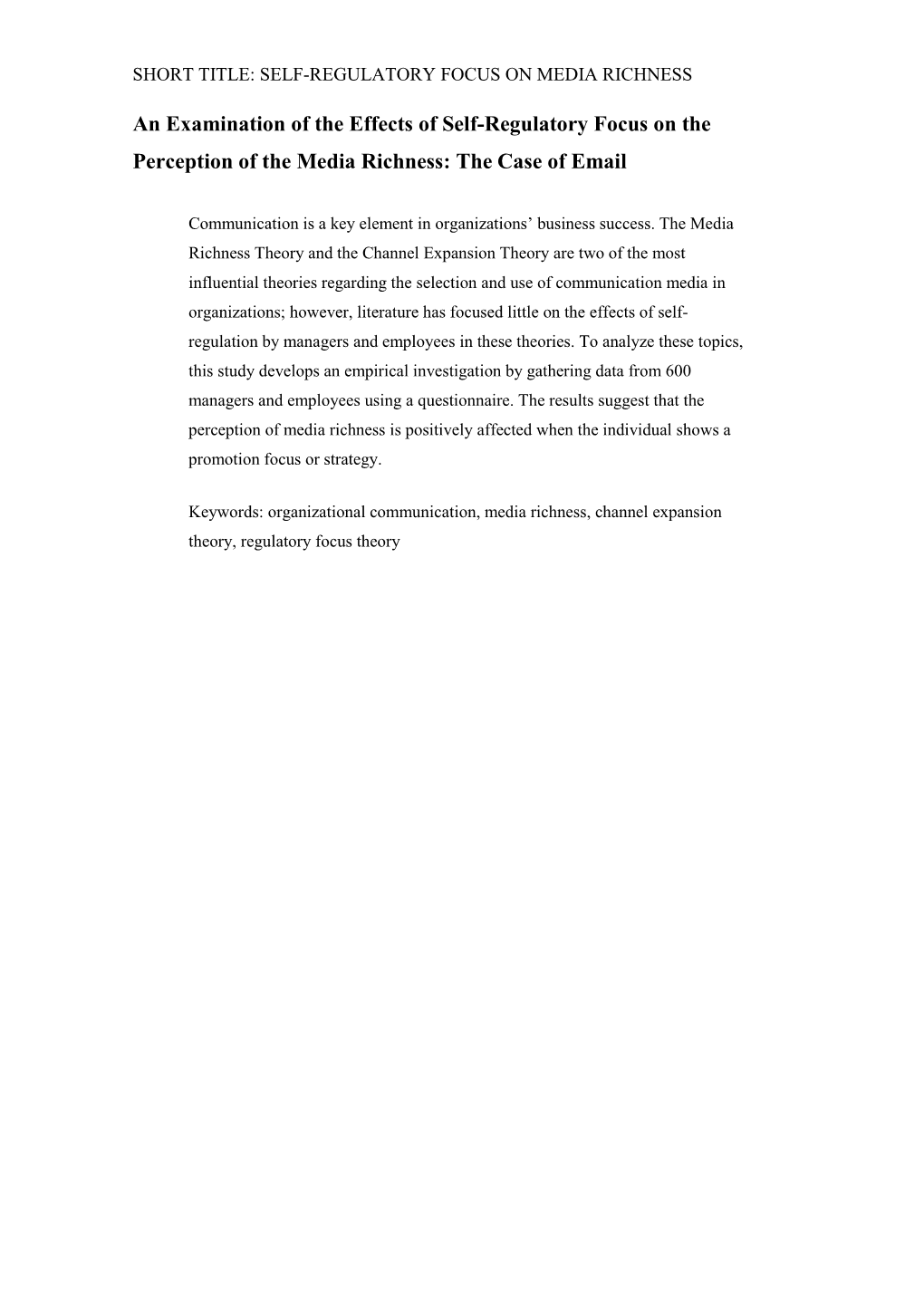 An Examination of the Effects of Self-Regulatory Focus on the Perception of the Media Richness: the Case of Email