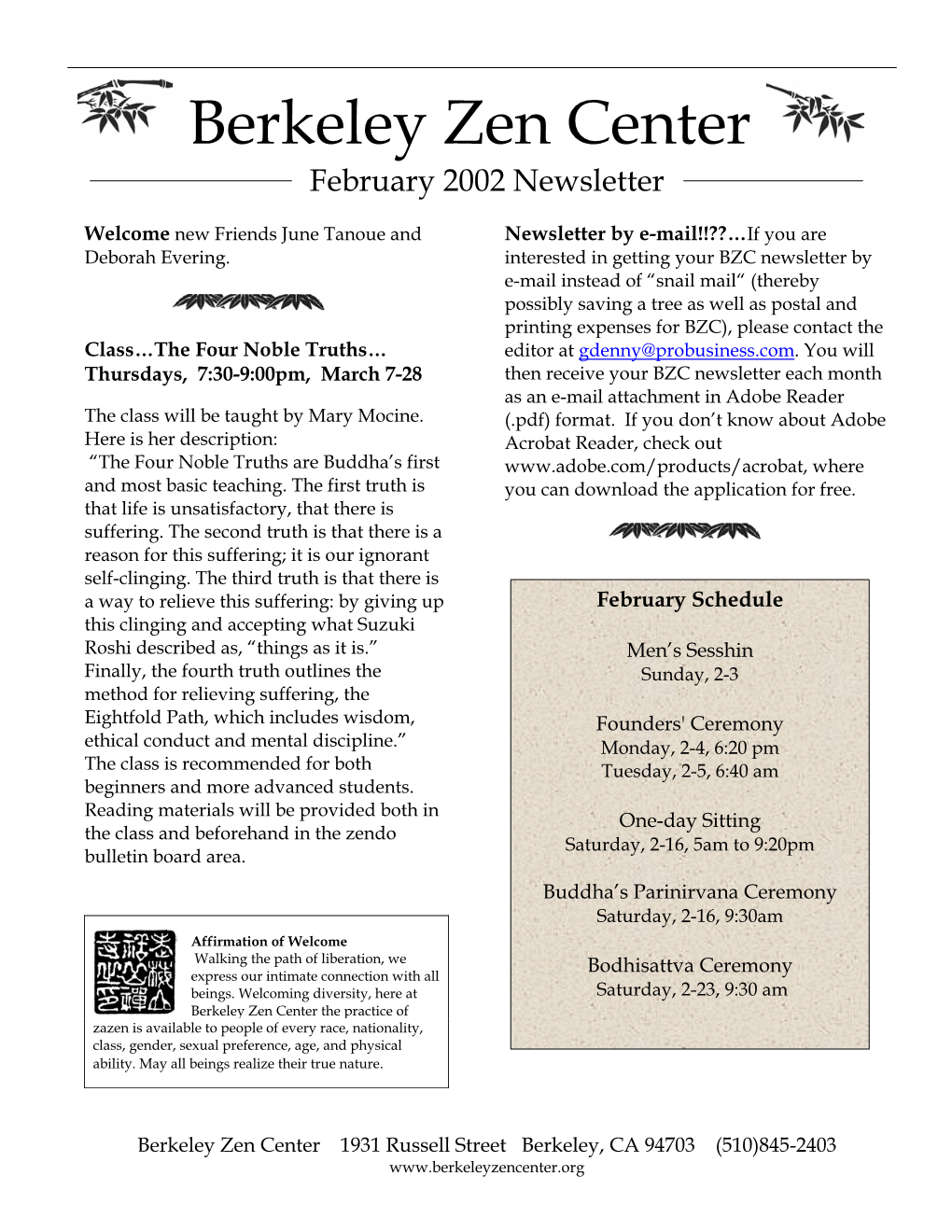 Berkeley Zen Center February 2002 Newsletter