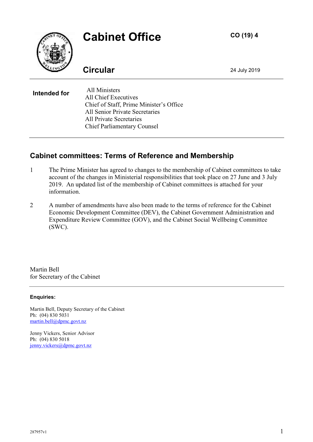 Cabinet Committees Terms of Reference and Membership