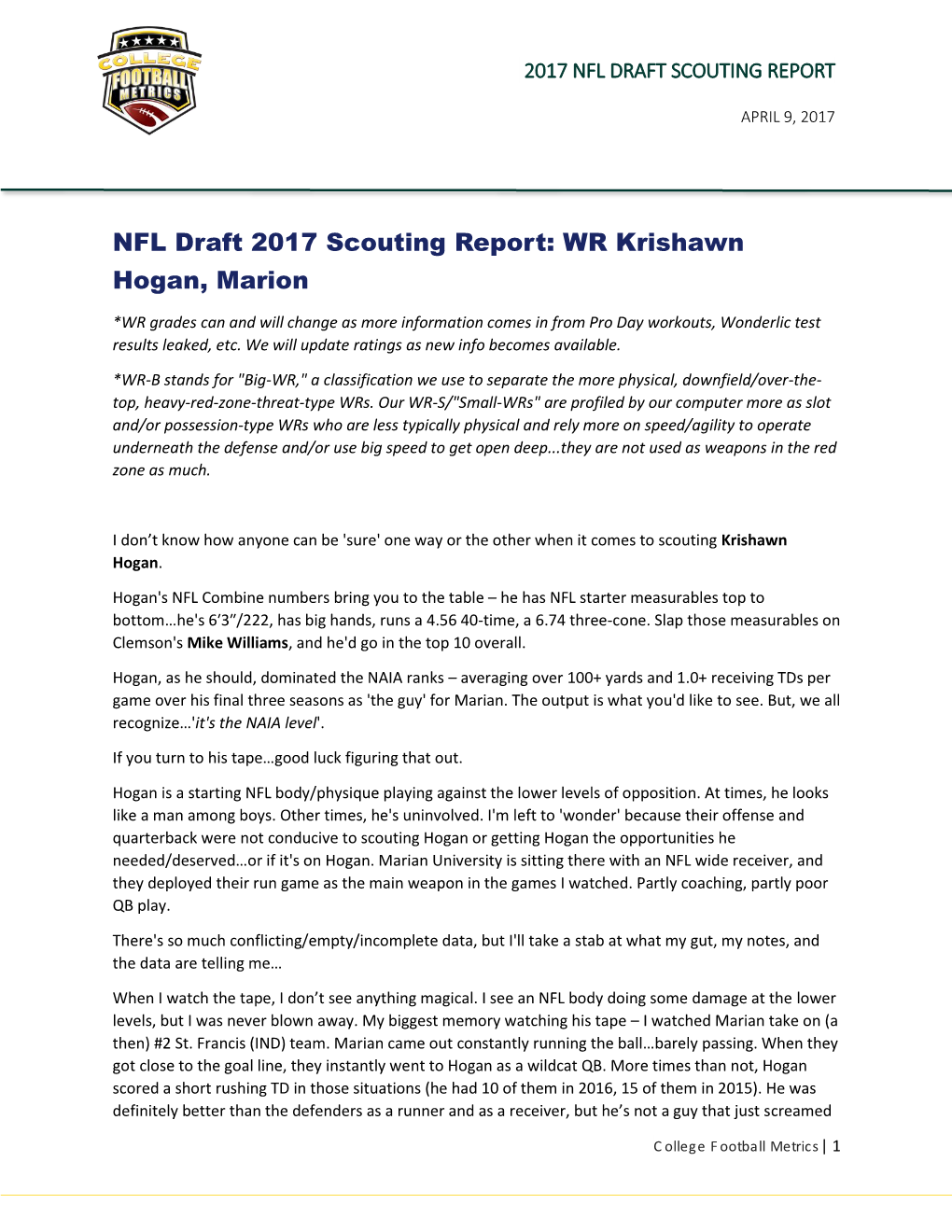 NFL Draft 2017 Scouting Report: WR Krishawn Hogan, Marion