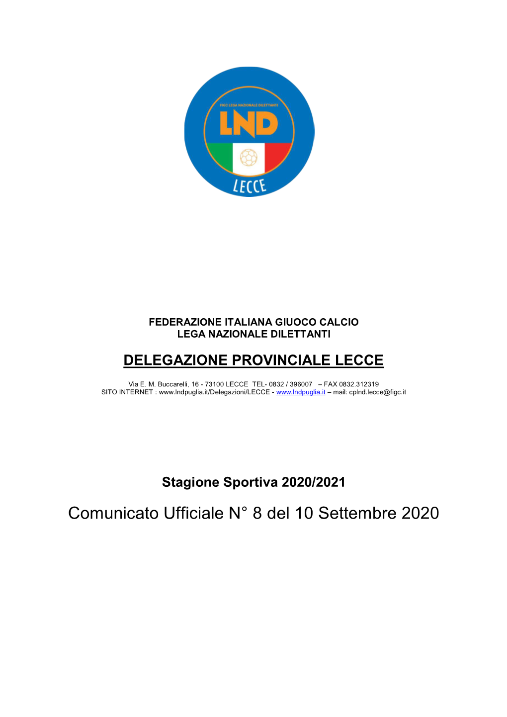 Comunicato Ufficiale N° 8 Del 10 Settembre 2020