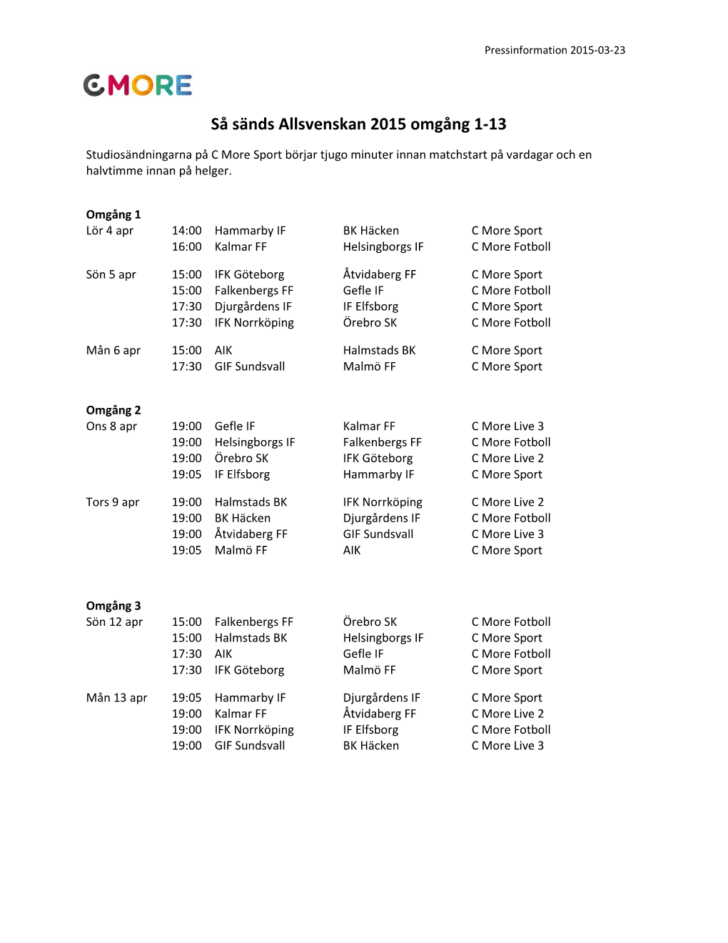 Så Sänds Allsvenskan 2015 Omgång 1-13