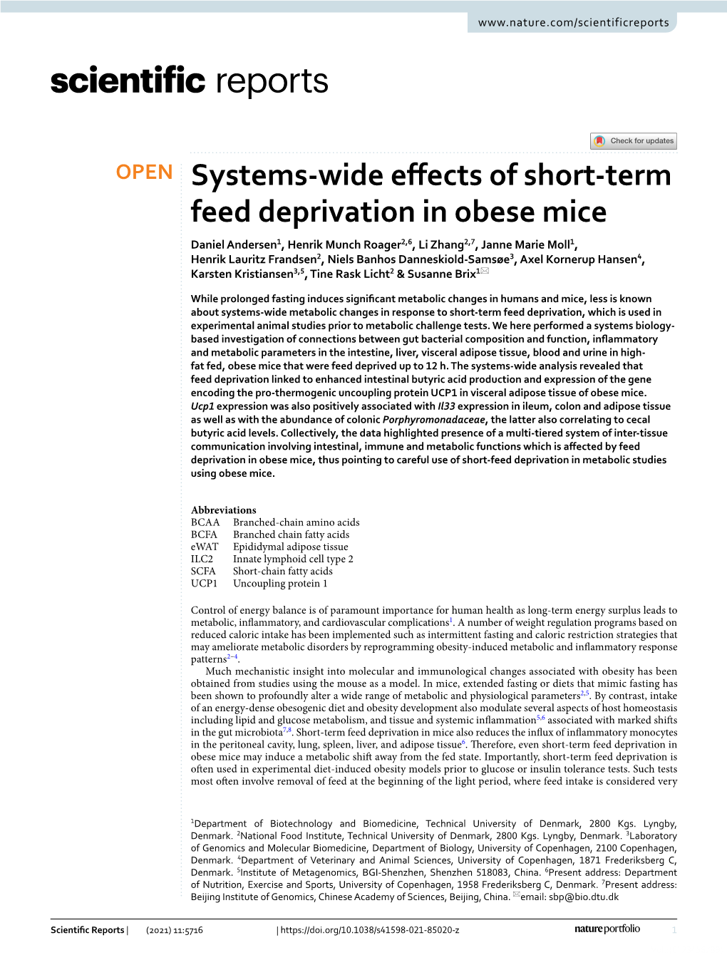 Systems-Wide Effects of Short-Term Feed Deprivation in Obese Mice