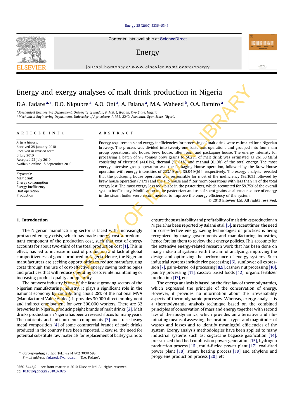 Energy and Exergy Analyses of Malt Drink Production in Nigeria