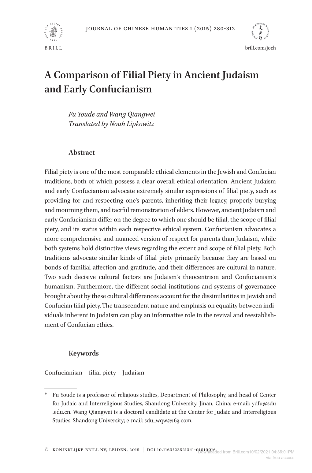 A Comparison of Filial Piety in Ancient Judaism and Early Confucianism