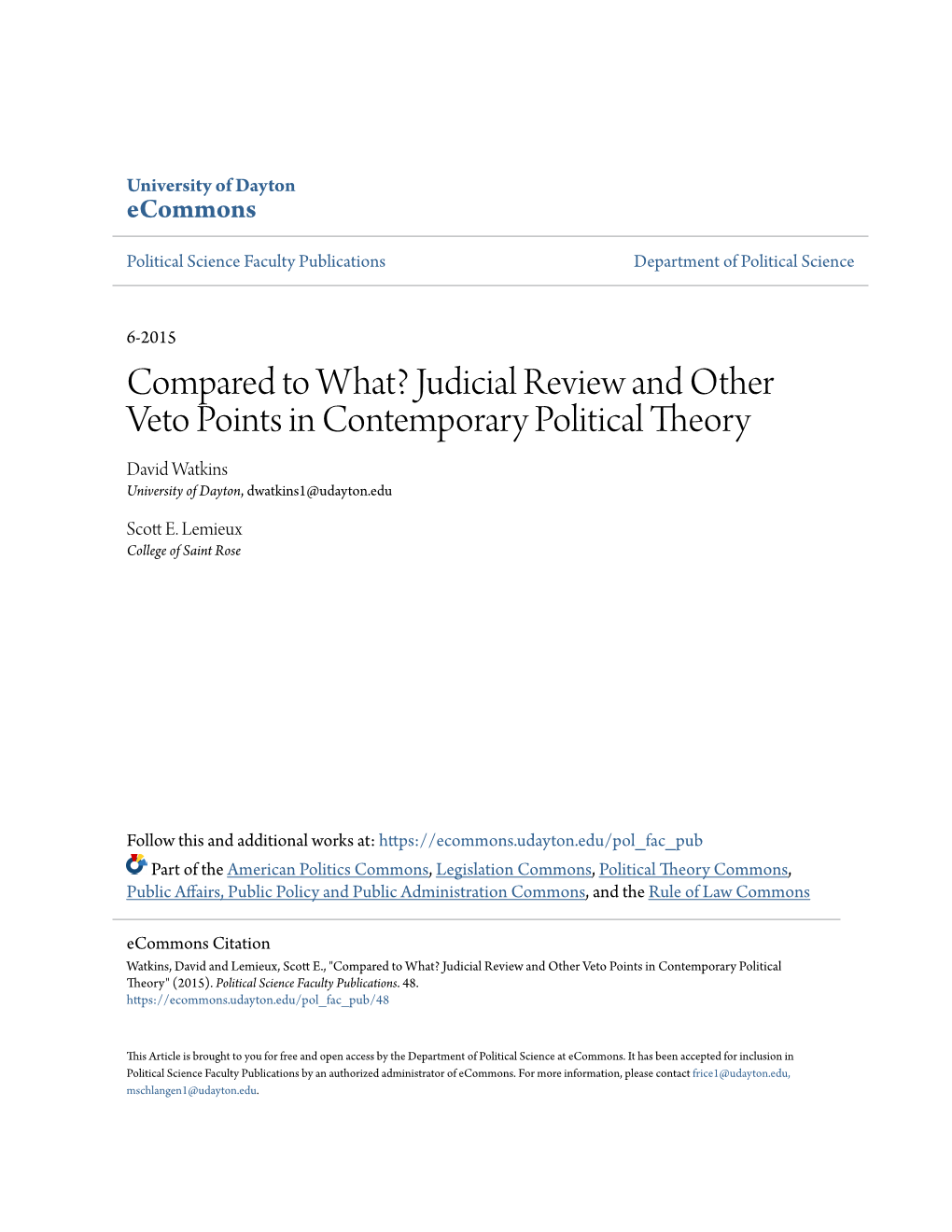 Judicial Review and Other Veto Points in Contemporary Political Theory David Watkins University of Dayton, Dwatkins1@Udayton.Edu
