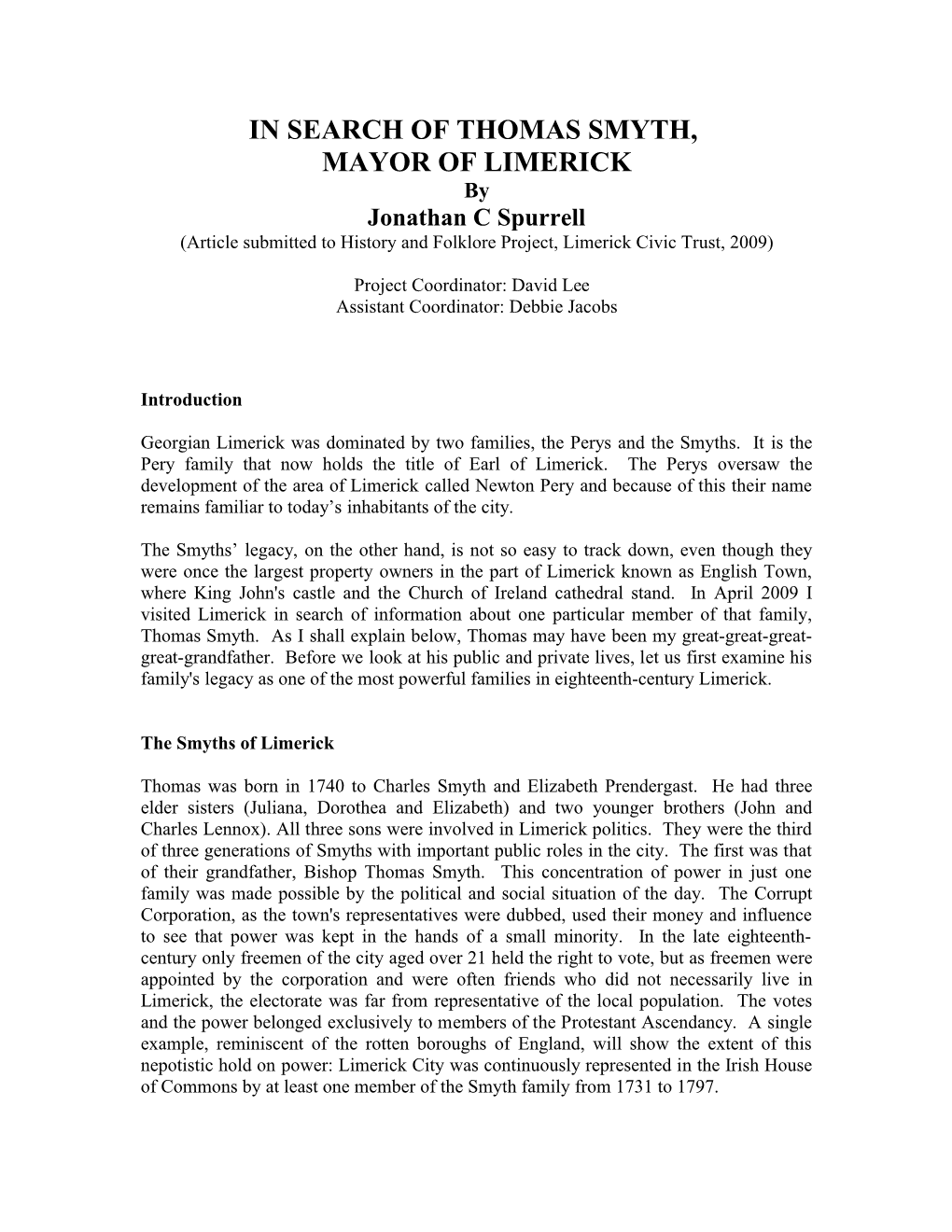 'In Search of Thomas Smyth, Mayor of Limerick' by Jonathan C Spurrell