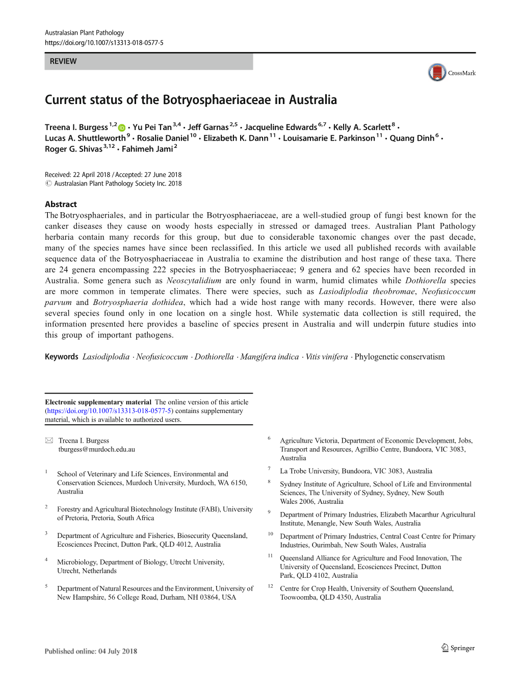 Current Status of the Botryosphaeriaceae in Australia