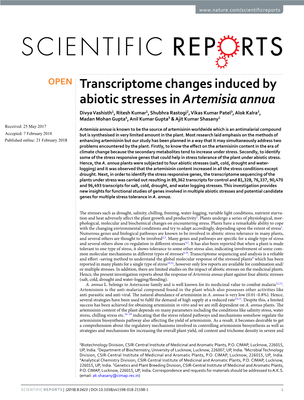 Transcriptome Changes Induced by Abiotic Stresses in Artemisia Annua