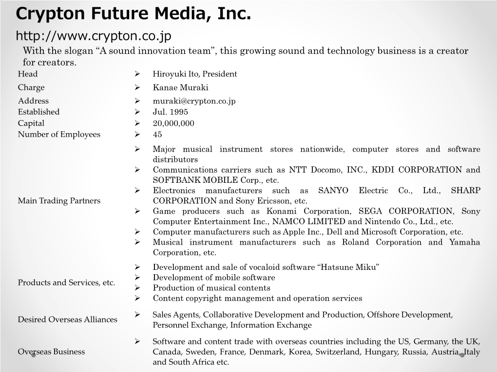 Crypton Future Media, Inc. with the Slogan “A Sound Innovation Team”, This Growing Sound and Technology Business Is a Creator for Creators