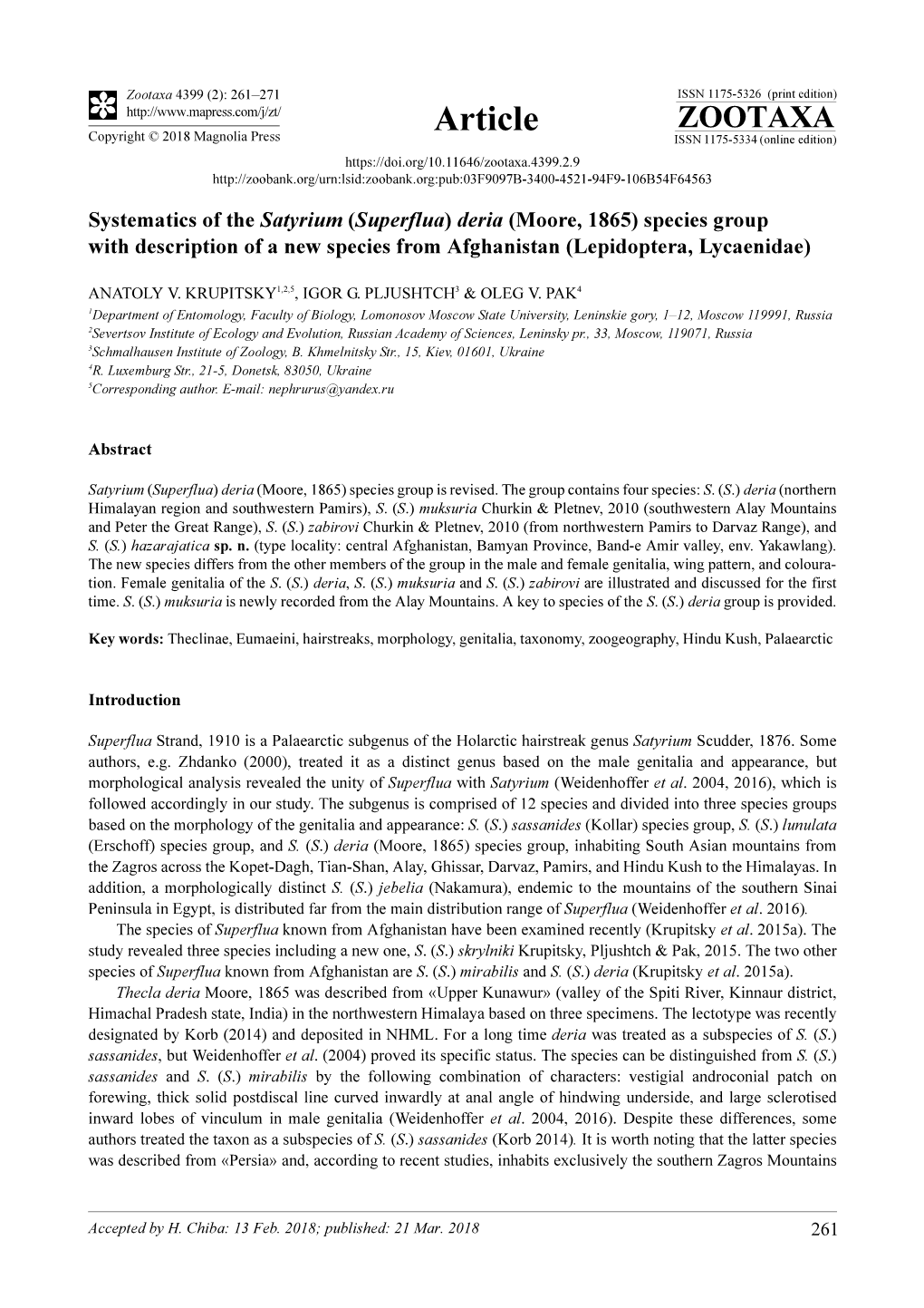 Systematics of the Satyrium (Superflua) Deria (Moore, 1865) Species Group with Description of a New Species from Afghanistan (Lepidoptera, Lycaenidae)