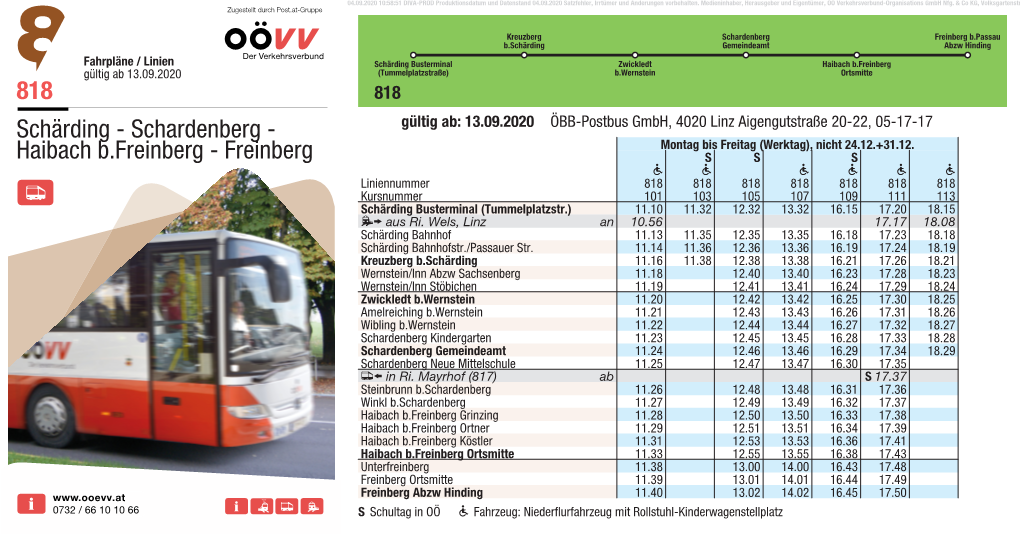 818 Schärding - Schardenberg - Gültig Ab: 13.09.2020 ÖBB-Postbus Gmbh, 4020 Linz Aigengutstraße 20-22, 05-17-17 Montag Bis Freitag (Werktag), Nicht 24.12.+31.12