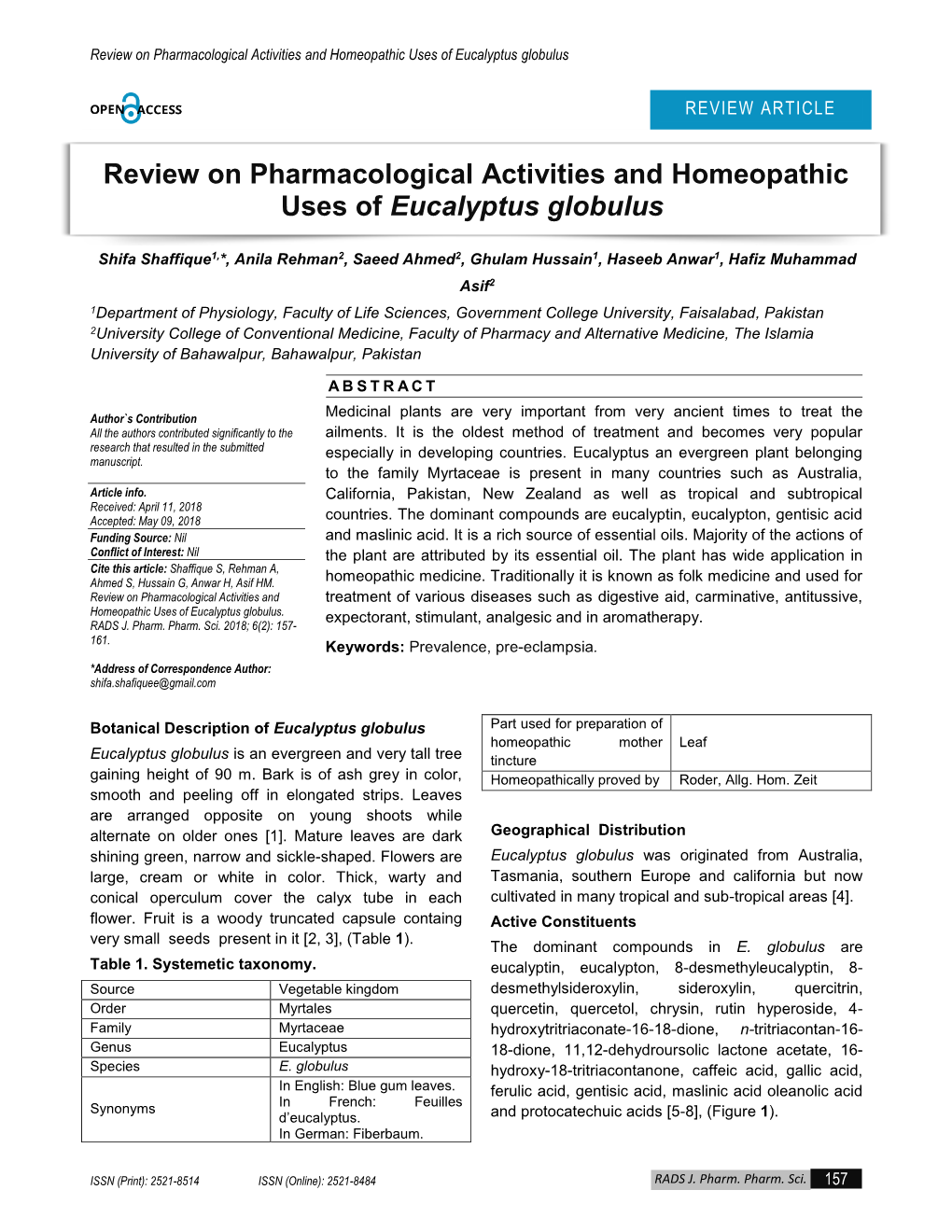 Review on Pharmacological Activities and Homeopathic Uses of Eucalyptus Globulus