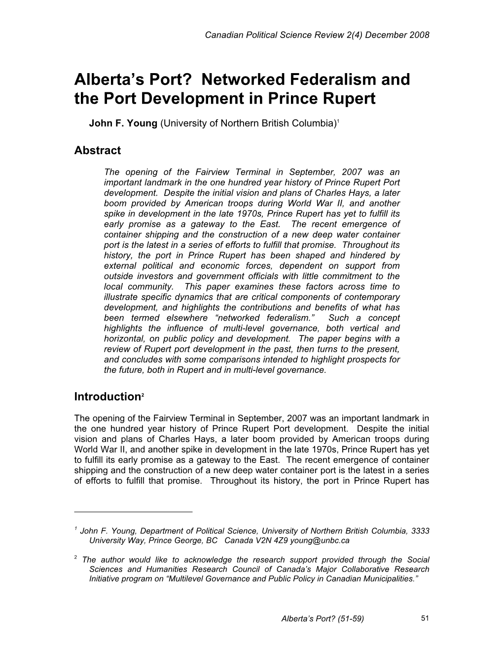 Alberta's Port? Networked Federalism and the Port Development in Prince Rupert