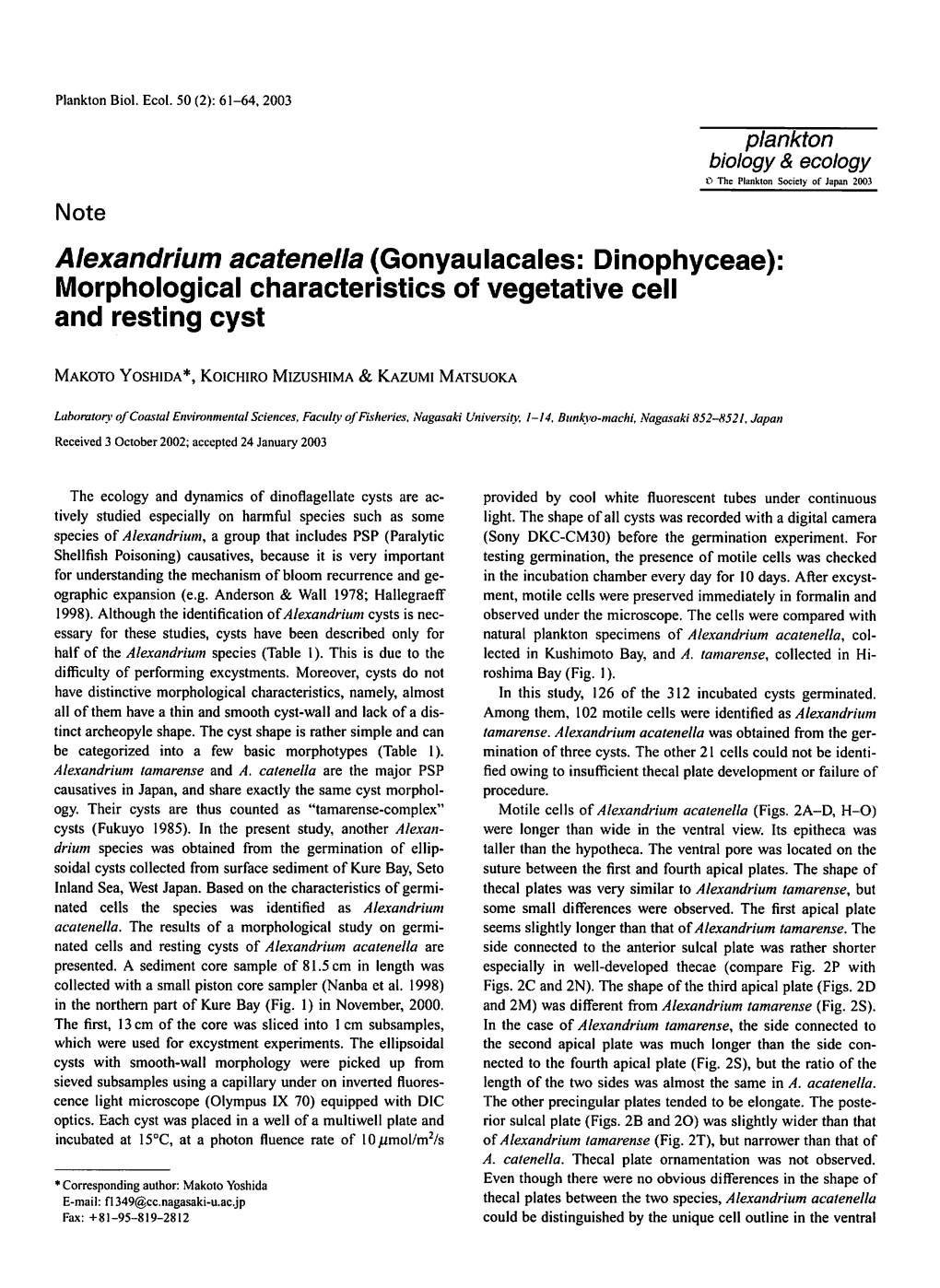 Alexandrium Acatenella (Gonyaulacales: Dinophyceae): Morphological Characteristics of Vegetative Cell and Resting Cyst