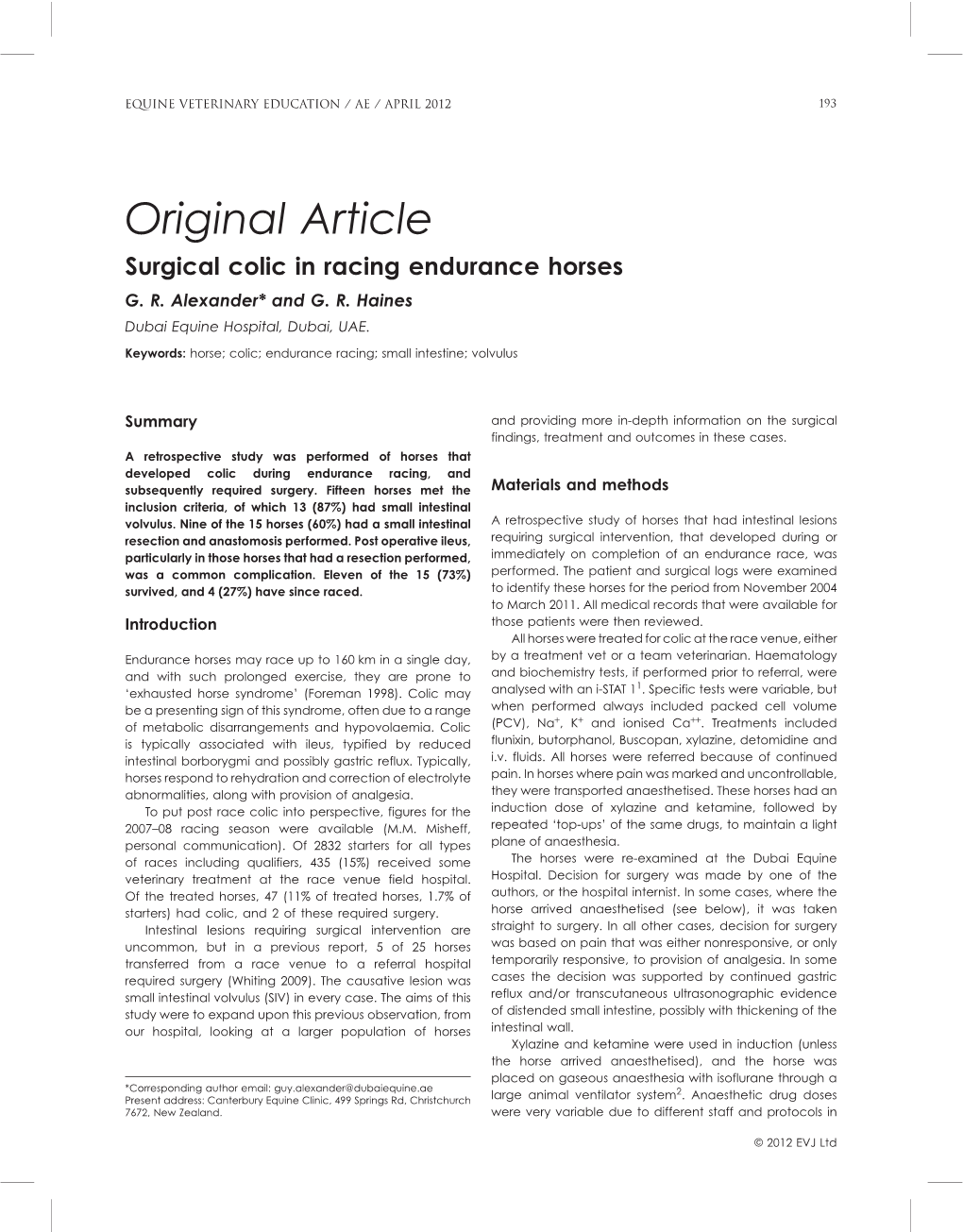 Original Article Surgical Colic in Racing Endurance Horses G