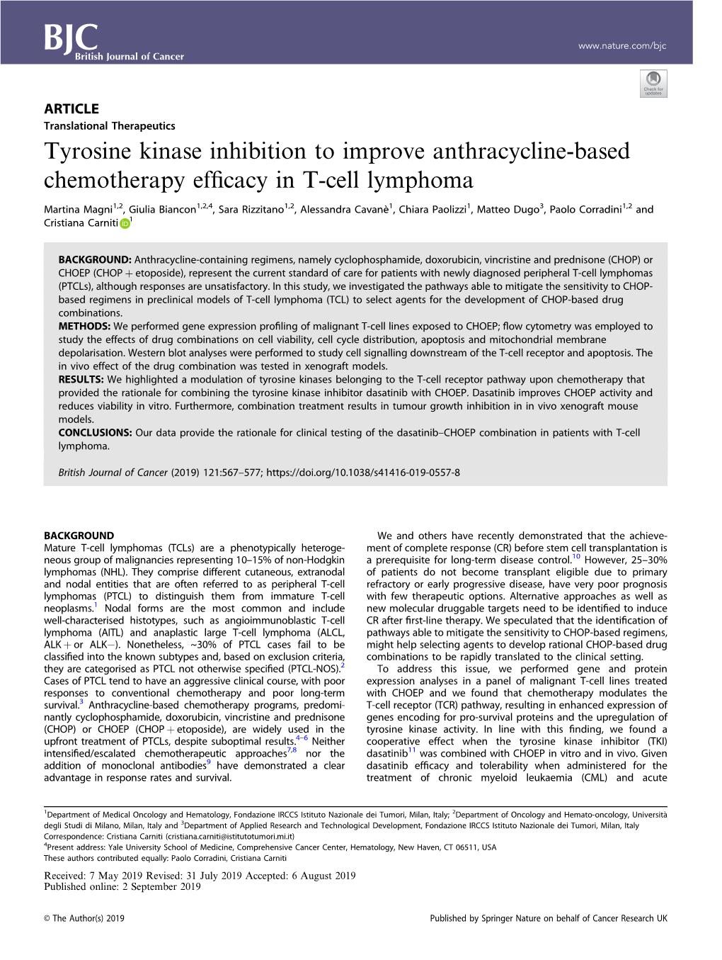 Tyrosine Kinase Inhibition to Improve Anthracycline-Based Chemotherapy Efﬁcacy in T-Cell Lymphoma