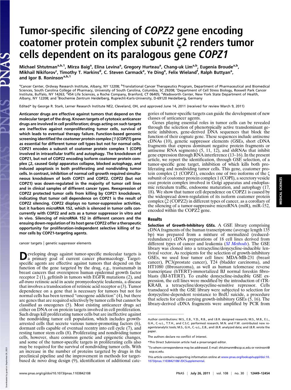 Tumor-Specific Silencing of COPZ2 Gene Encoding Coatomer Protein