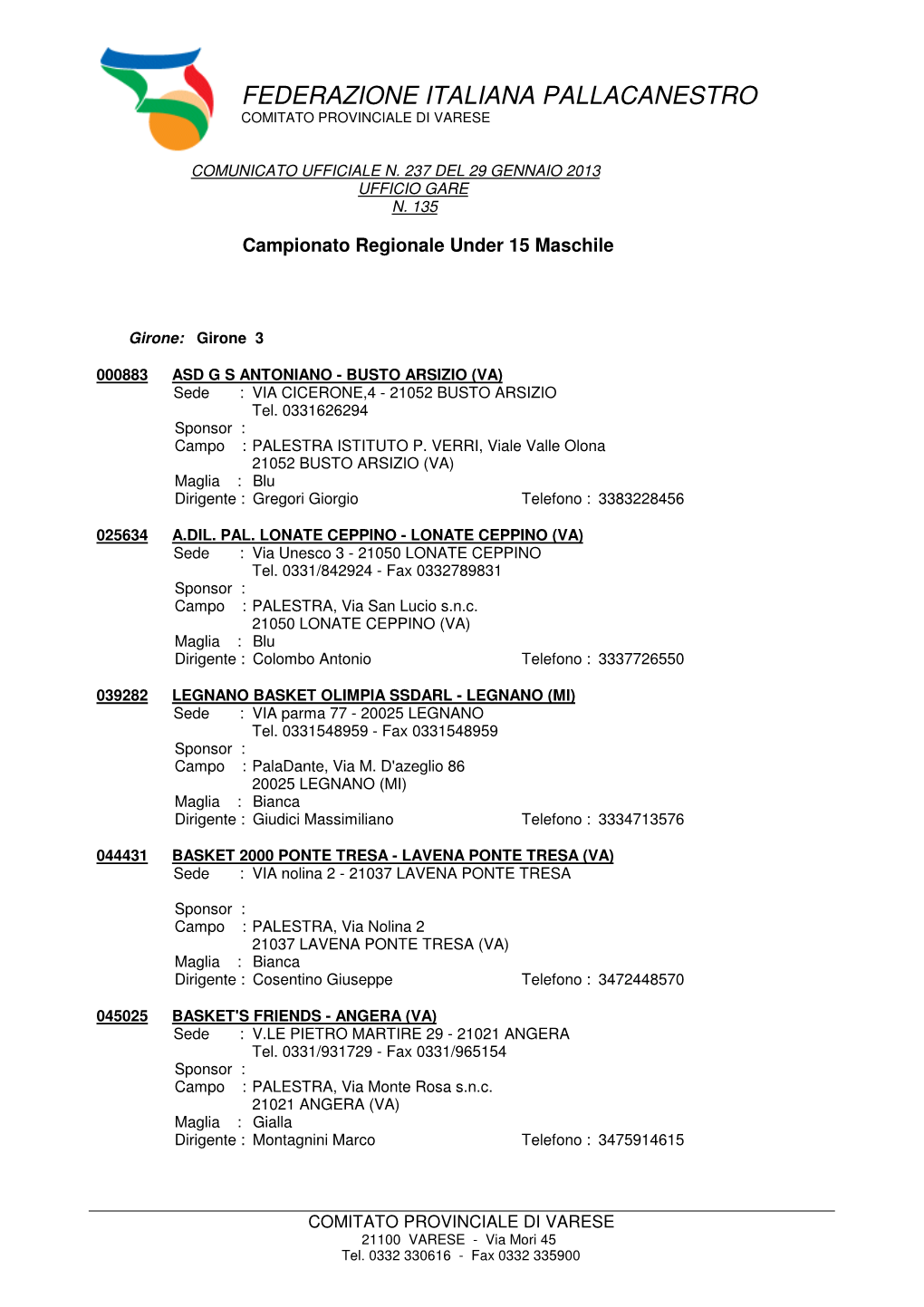 Federazione Italiana Pallacanestro Comitato Provinciale Di Varese