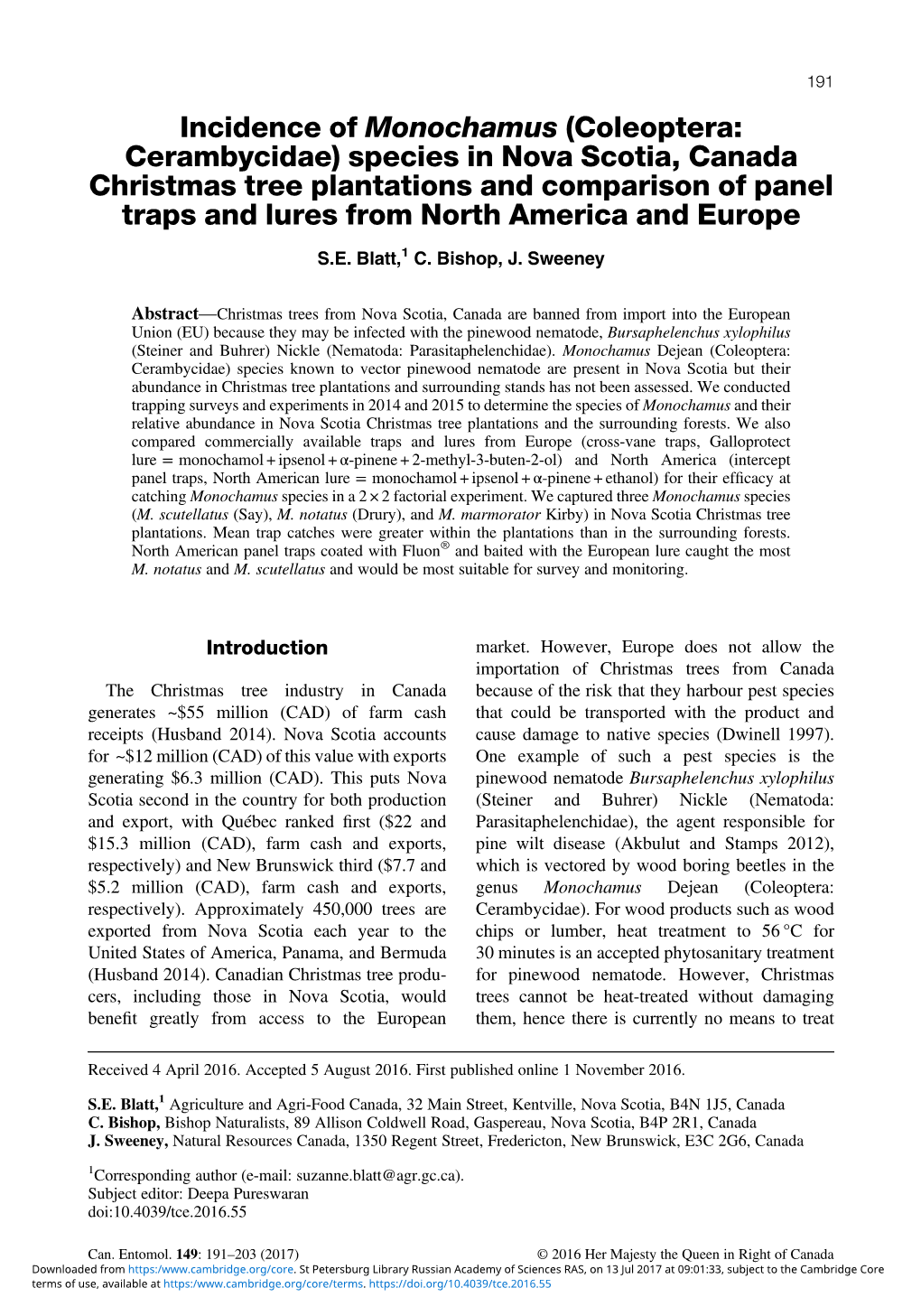 Incidence of Monochamus (Coleoptera: Cerambycidae) Species In