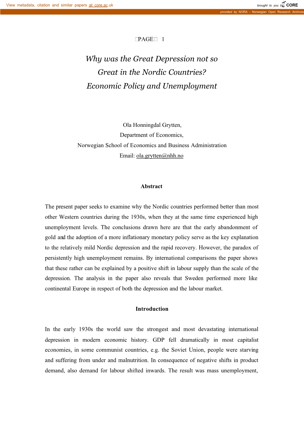 Why Was the Great Depression Not So Great in the Nordic Countries? Economic Policy and Unemployment