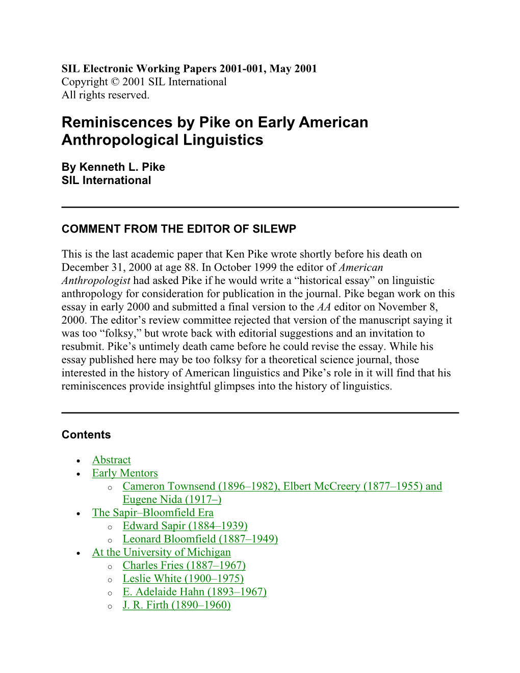 Reminiscences by Pike on Early American Anthropological Linguistics
