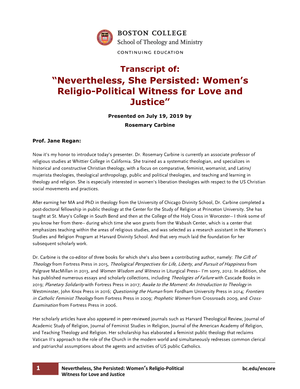 “Nevertheless, She Persisted: Women's Religio-Political Witness For