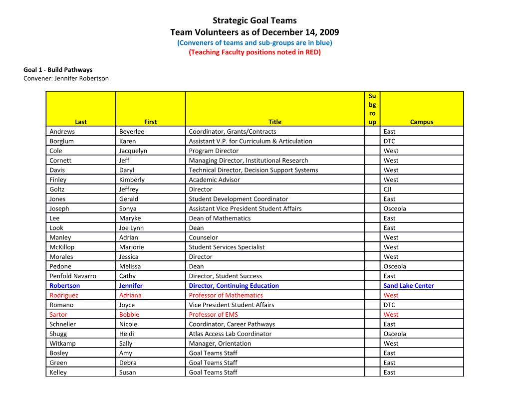 Conveners of Teams and Sub-Groups Are in Blue