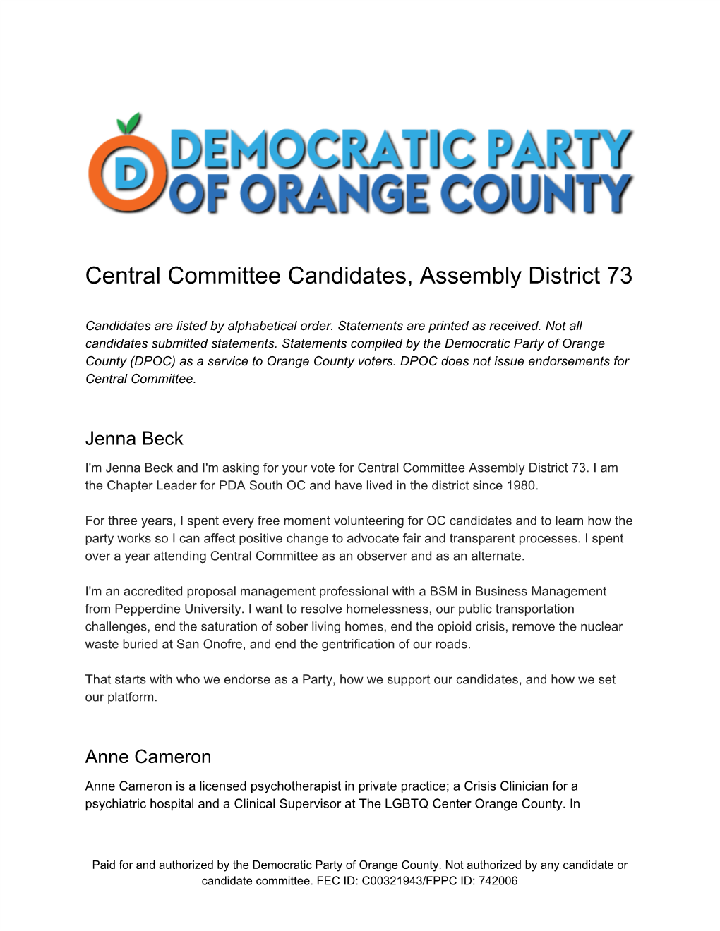 Central Committee Candidates, Assembly District 73