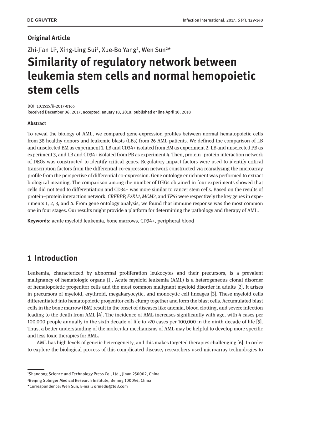 Similarity of Regulatory Network Between Leukemia Stem Cells and Normal Hemopoietic Stem Cells