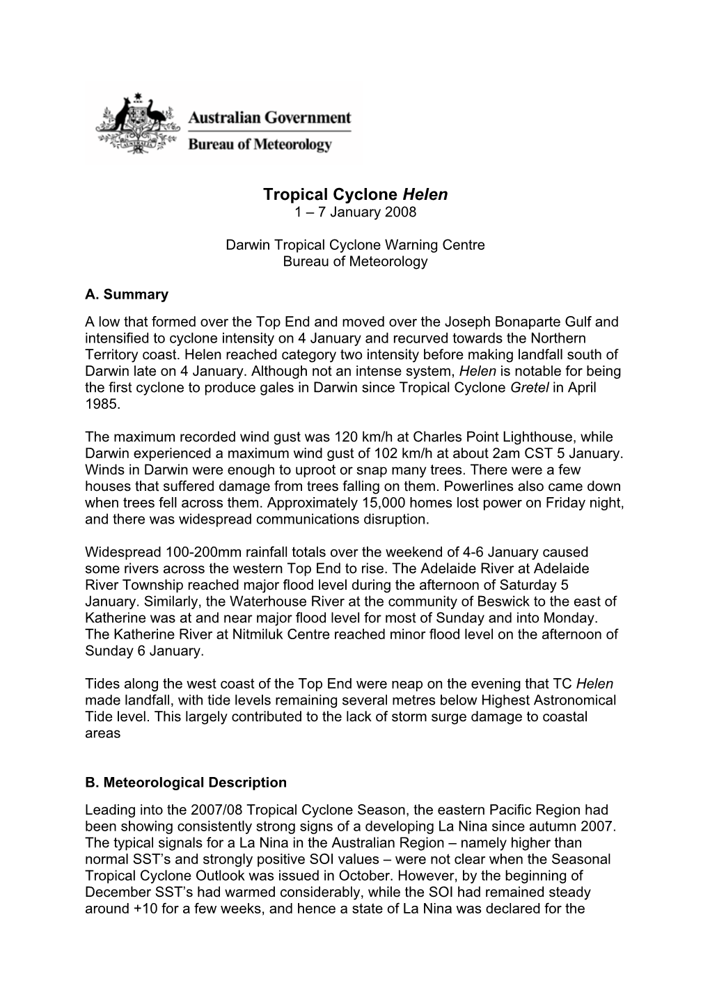 Tropical Cyclone Helen 1 – 7 January 2008