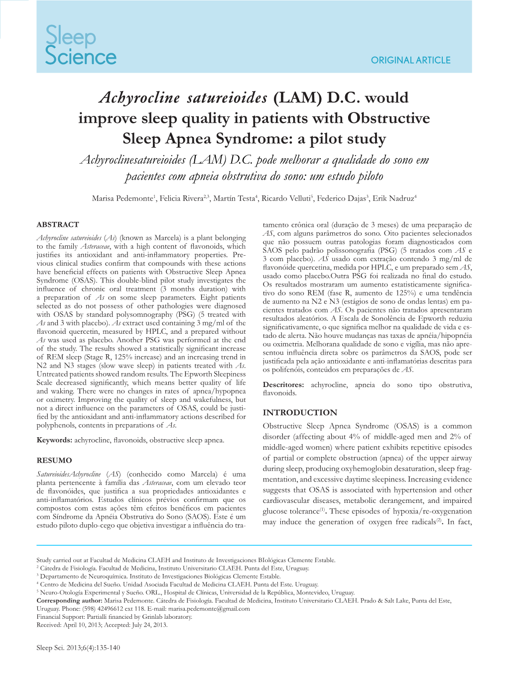 Achyrocline Satureioides (LAM) D.C. Would Improve Sleep Quality in Patients with Obstructive Sleep Apnea Syndrome: a Pilot Study Achyroclinesatureioides (LAM) D.C