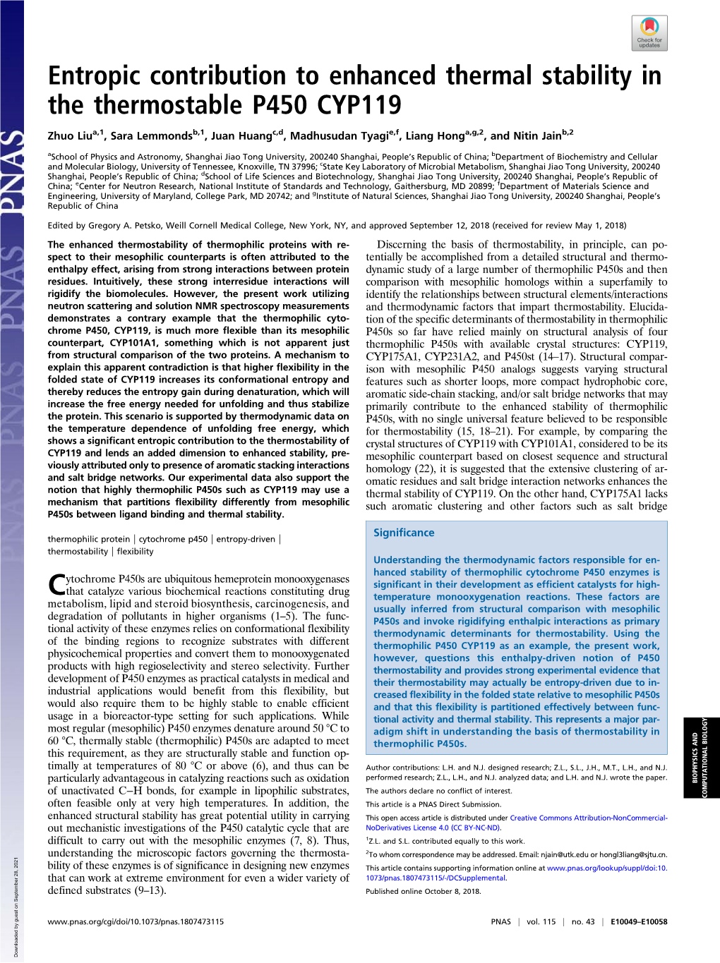 Entropic Contribution to Enhanced Thermal Stability in the Thermostable P450 CYP119