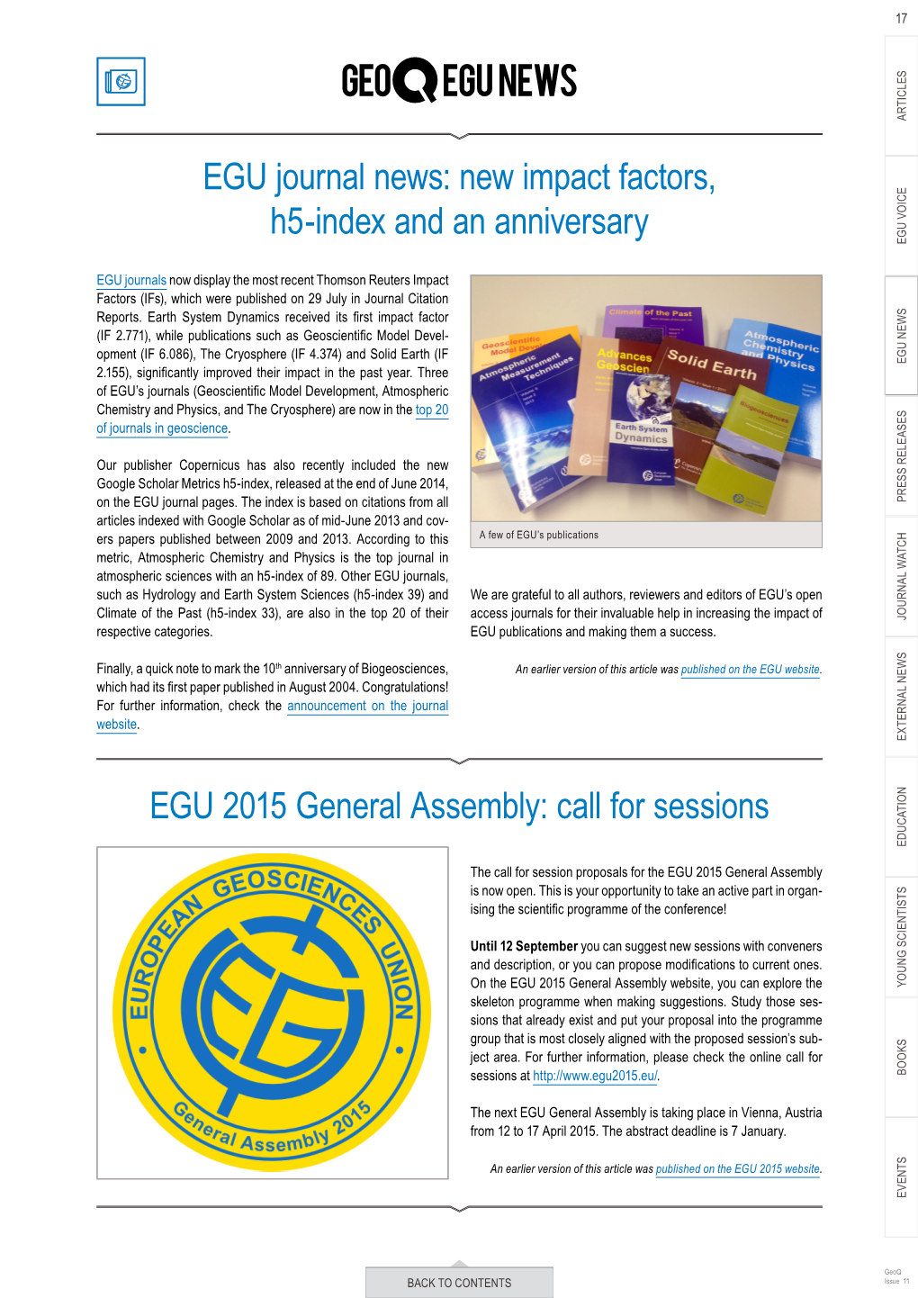 EGU Journal News: New Impact Factors, H5-Index and an Anniversary