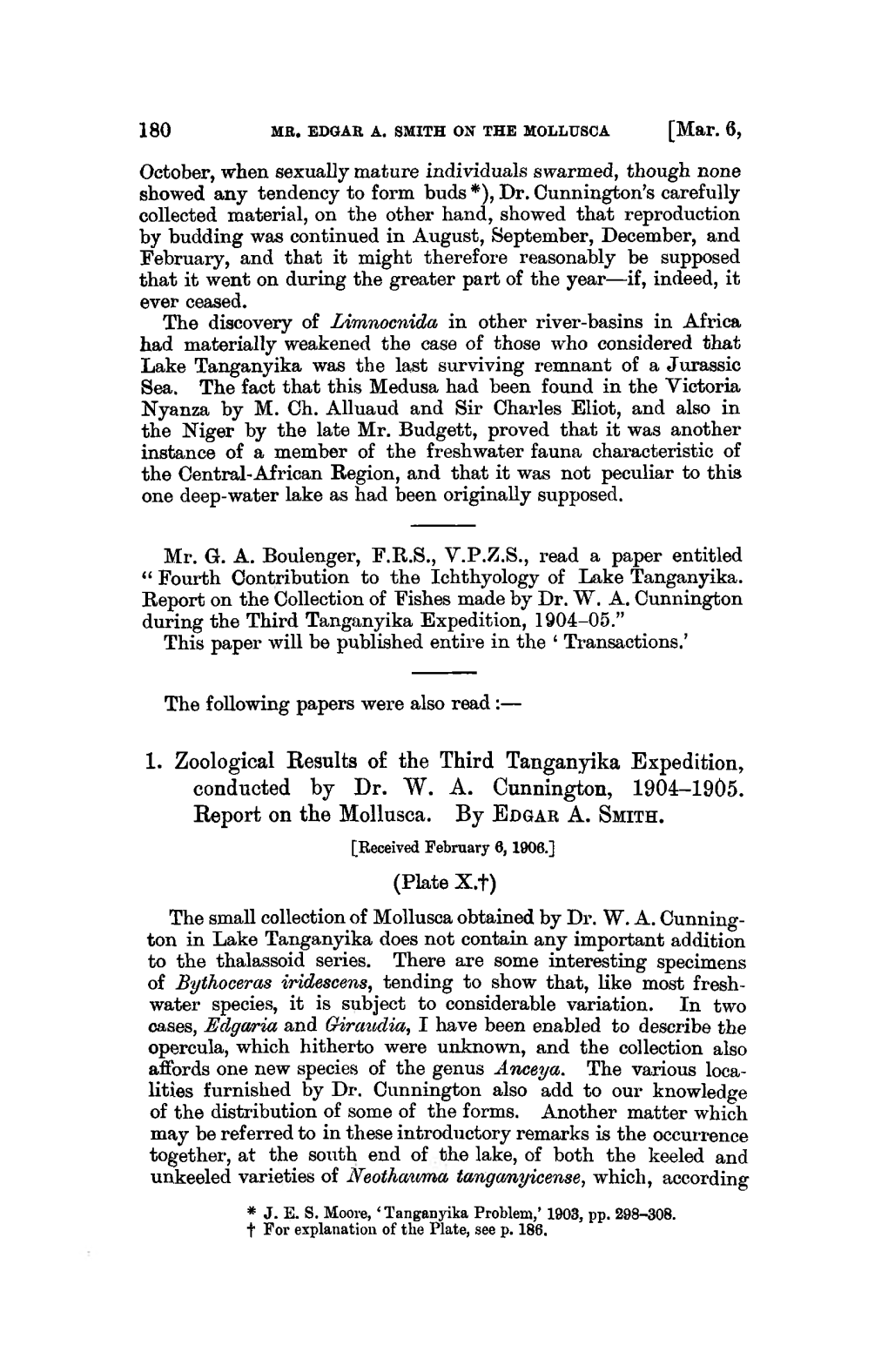 1. Zoological Results of the Third Tanganyika Expedition, Conducted by Dr