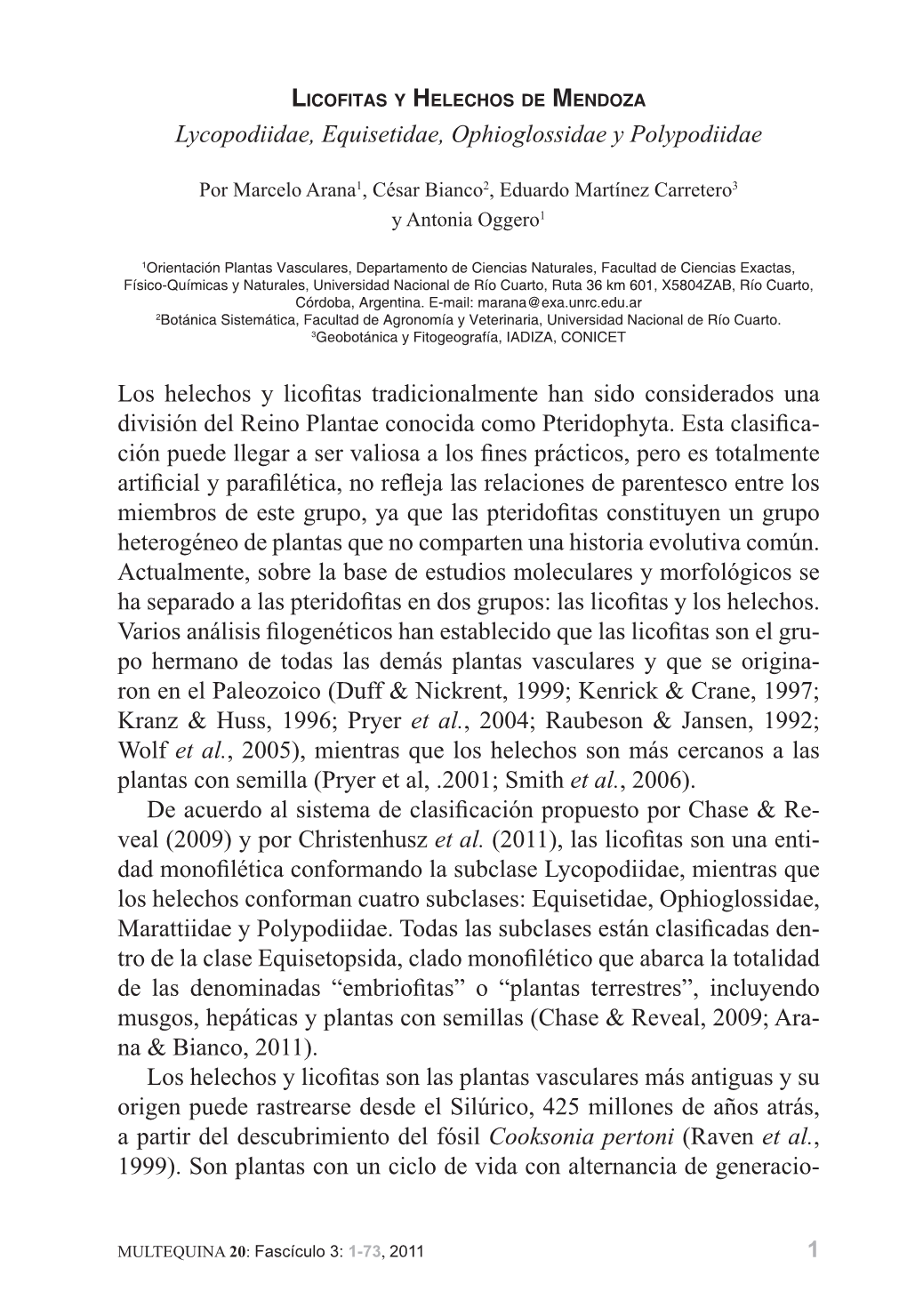 Lycopodiidae, Equisetidae, Ophioglossidae Y Polypodiidae Los Helechos Y Licofitas Tradicionalmente Han Sido Considerados Una