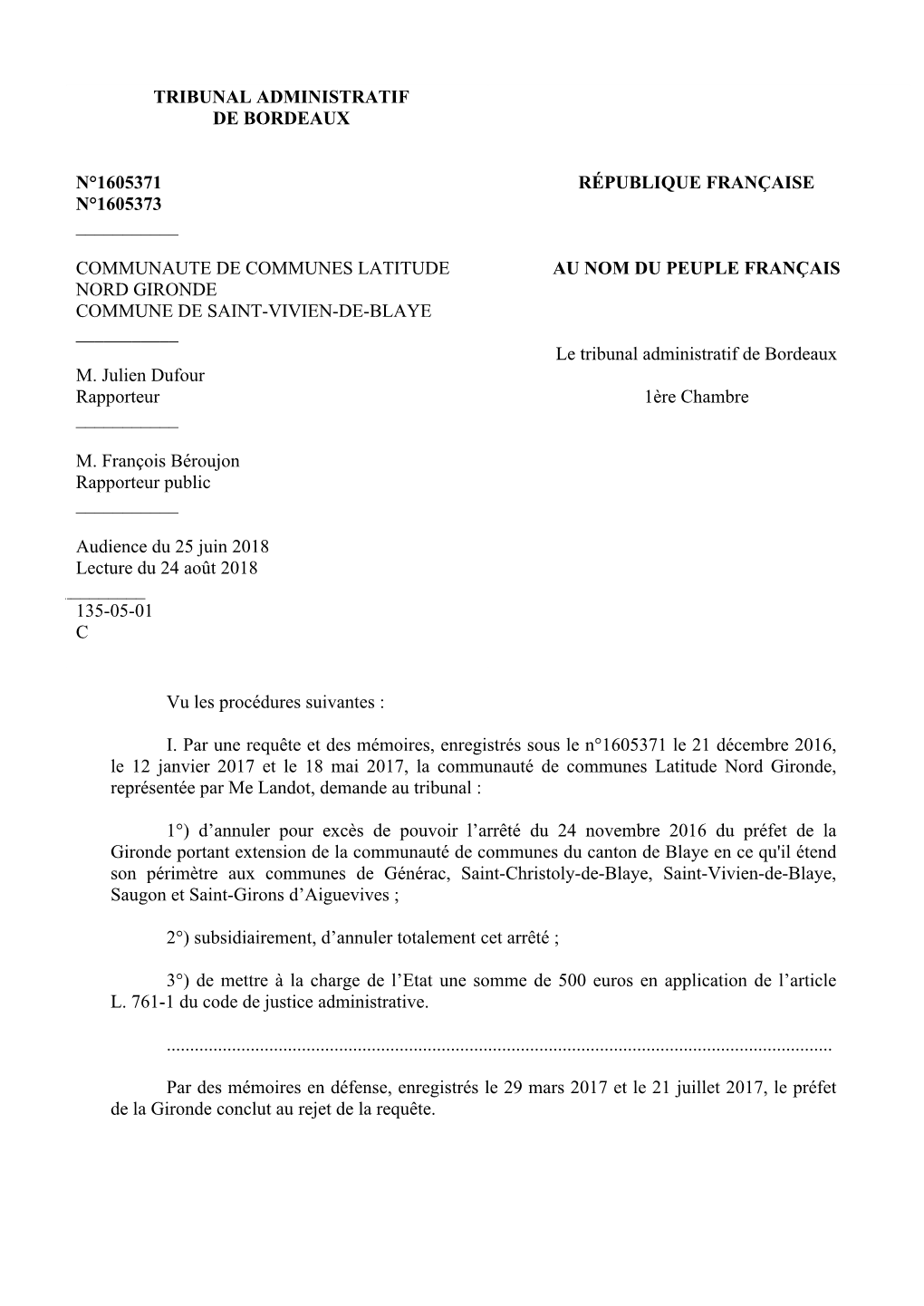 Tribunal Administratif De Bordeaux N°1605371 N°1605373