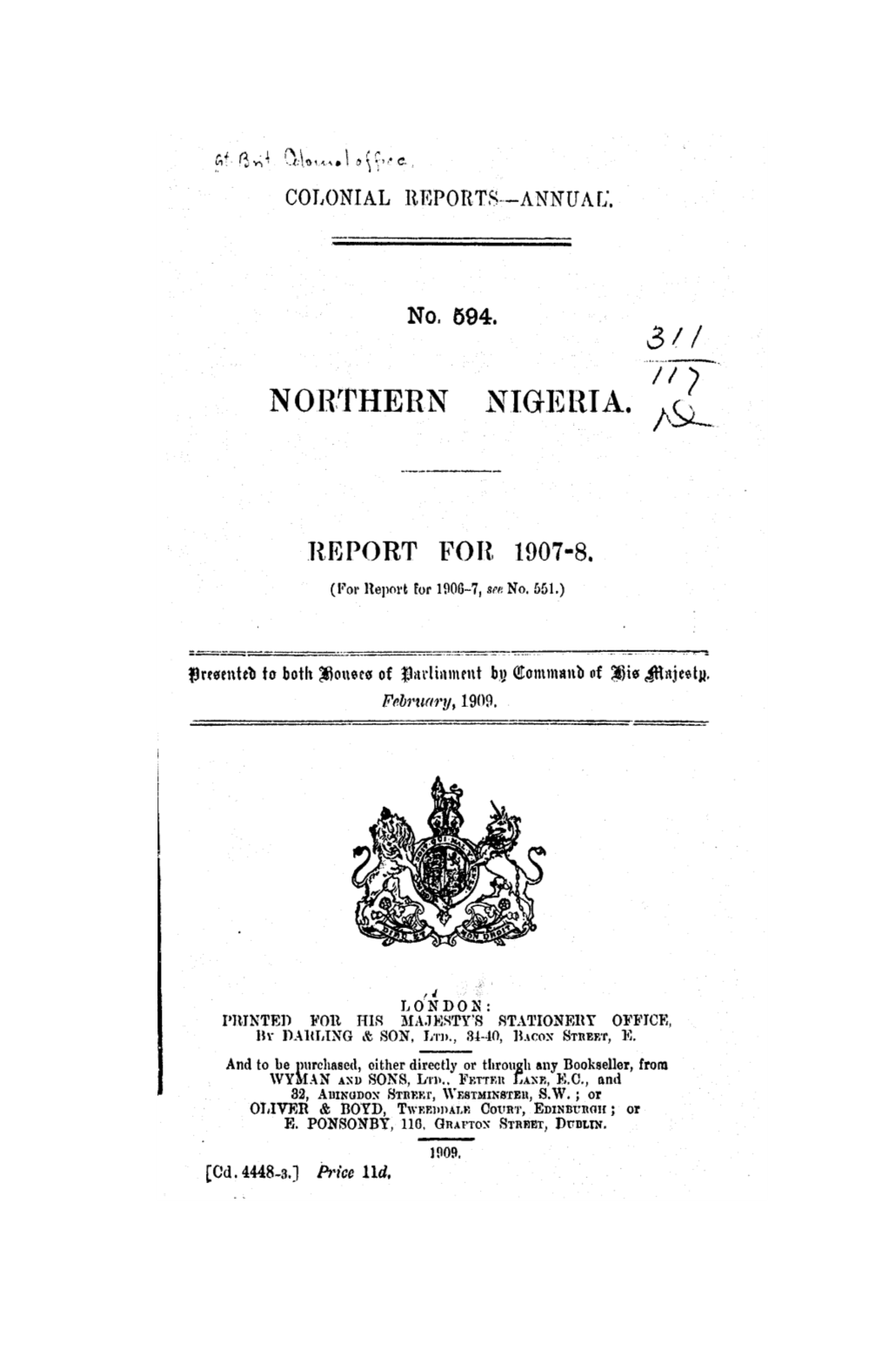 Annual Report of the Colonies, Northern Nigeria, 1907-08