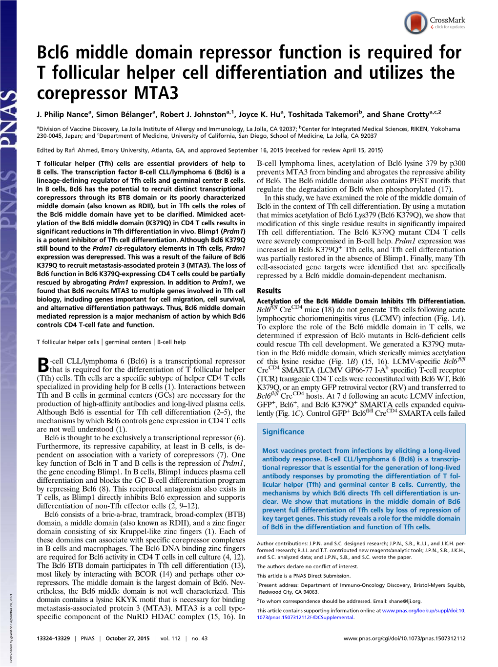 Bcl6 Middle Domain Repressor Function Is Required for T Follicular Helper Cell Differentiation and Utilizes the Corepressor MTA3